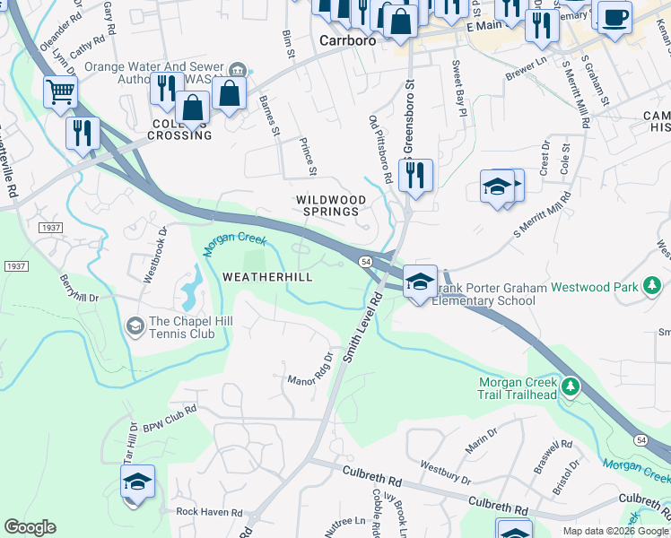 map of restaurants, bars, coffee shops, grocery stores, and more near 122 Chaucer Court in Carrboro