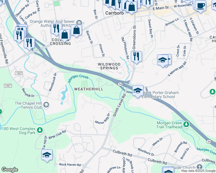map of restaurants, bars, coffee shops, grocery stores, and more near 108 Friar Lane in Carrboro