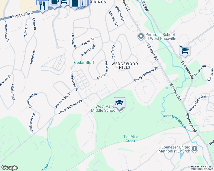 map of restaurants, bars, coffee shops, grocery stores, and more near 451 Bramblewood Lane in Knoxville