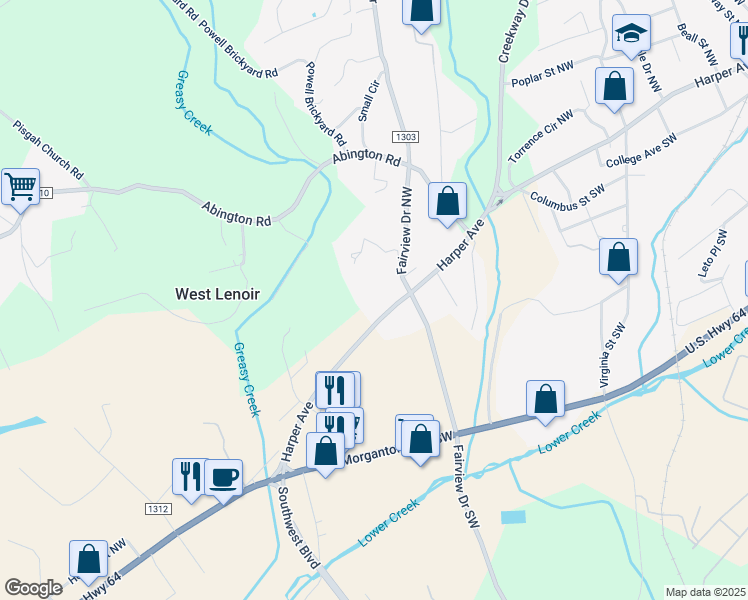 map of restaurants, bars, coffee shops, grocery stores, and more near 2030 Harper Avenue in Lenoir
