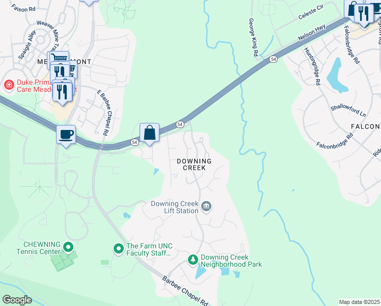 map of restaurants, bars, coffee shops, grocery stores, and more near 103 Nottingham Lane in Chapel Hill