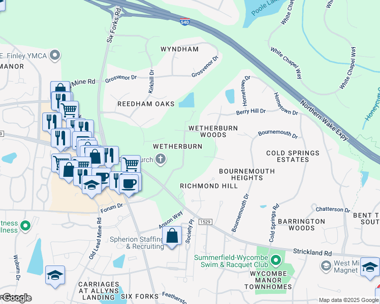 map of restaurants, bars, coffee shops, grocery stores, and more near 8628 King's Arms Way in Raleigh