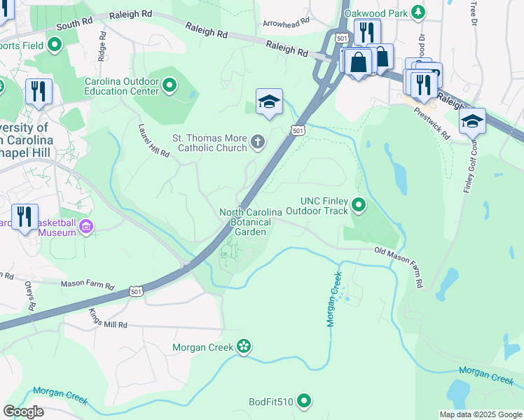 map of restaurants, bars, coffee shops, grocery stores, and more near 101 Old Mason Farm Road in Chapel Hill