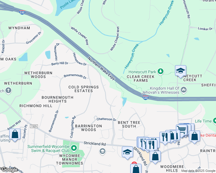 map of restaurants, bars, coffee shops, grocery stores, and more near 204 Veranda Court in Raleigh