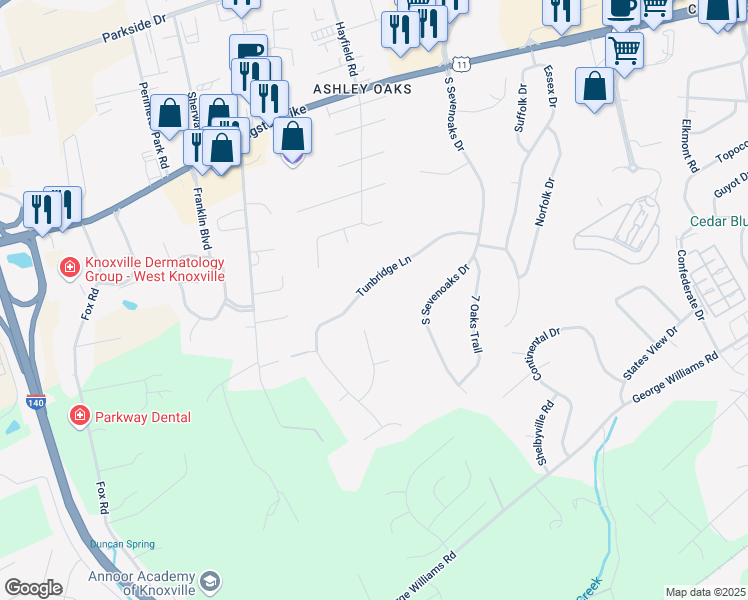 map of restaurants, bars, coffee shops, grocery stores, and more near 300 Trossachs Lane in Knoxville