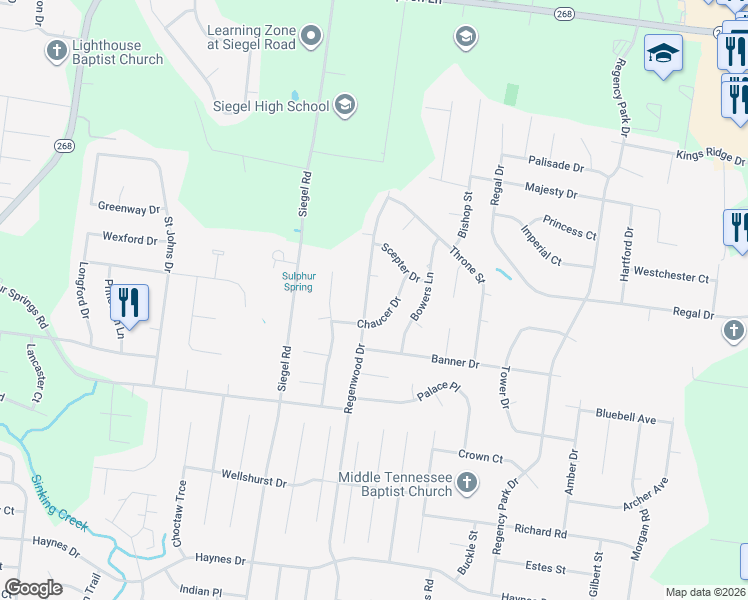 map of restaurants, bars, coffee shops, grocery stores, and more near 2906 Regenwood Drive in Murfreesboro