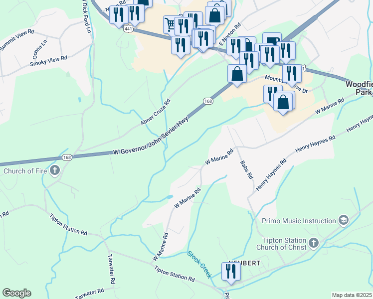 map of restaurants, bars, coffee shops, grocery stores, and more near 400 West Governor John Sevier Highway in Knoxville