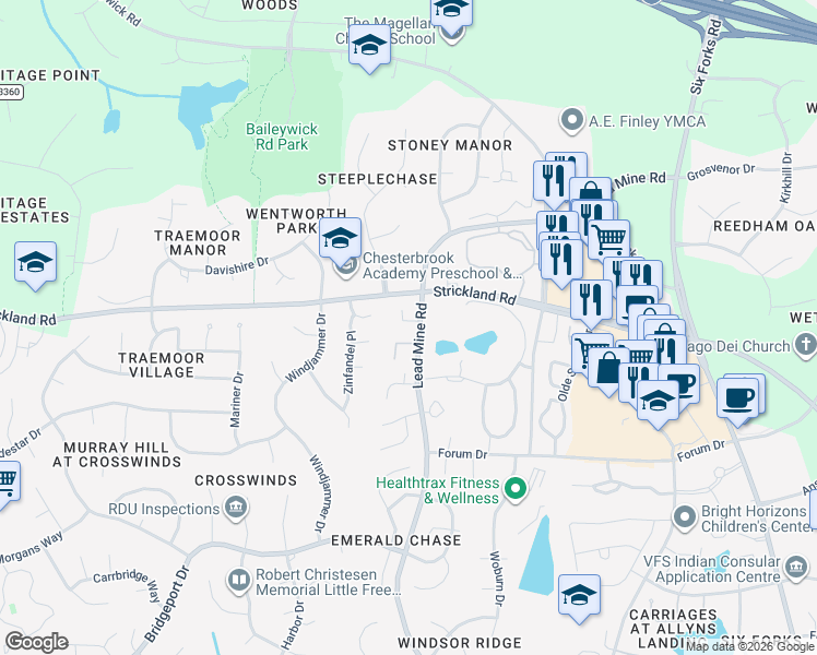 map of restaurants, bars, coffee shops, grocery stores, and more near 8762 Lead Mine Road in Raleigh