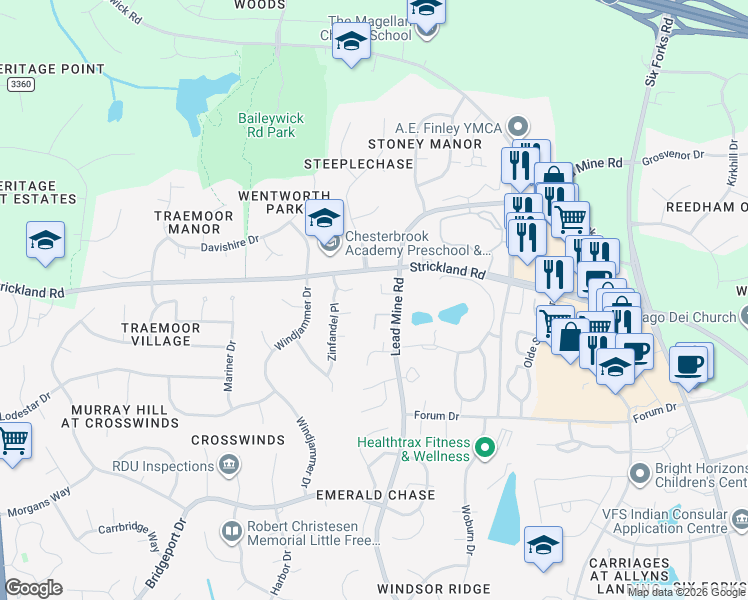 map of restaurants, bars, coffee shops, grocery stores, and more near 10106 Strickland Road in Raleigh