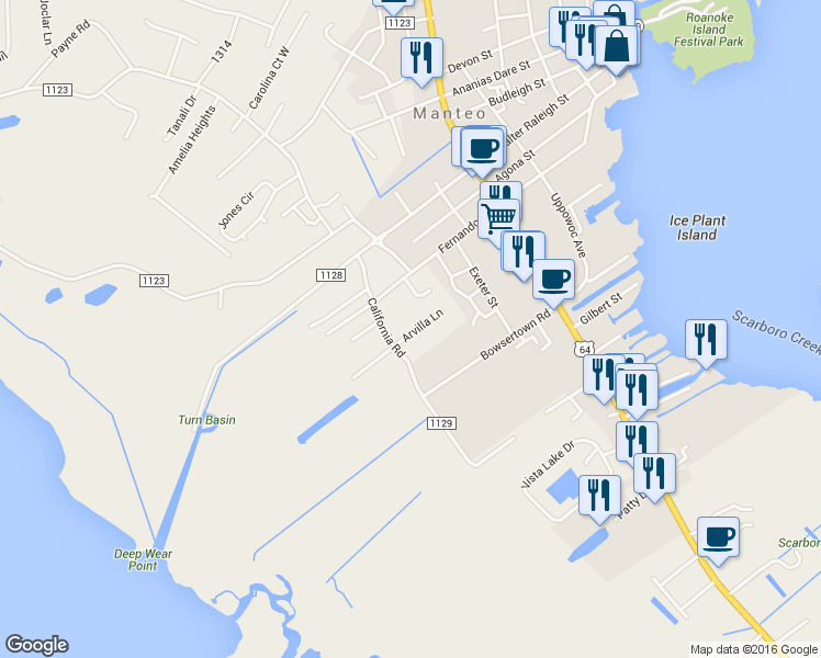 map of restaurants, bars, coffee shops, grocery stores, and more near 131 California Road in Manteo