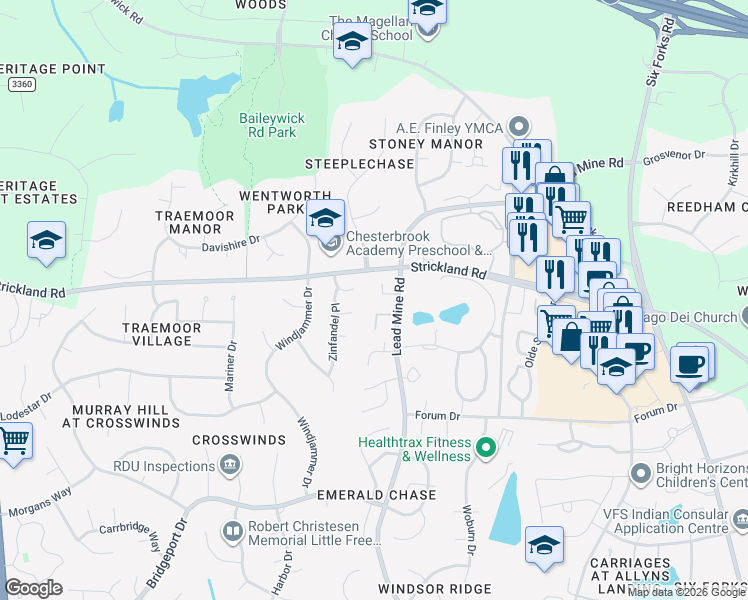 map of restaurants, bars, coffee shops, grocery stores, and more near 10106 Strickland Road in Raleigh