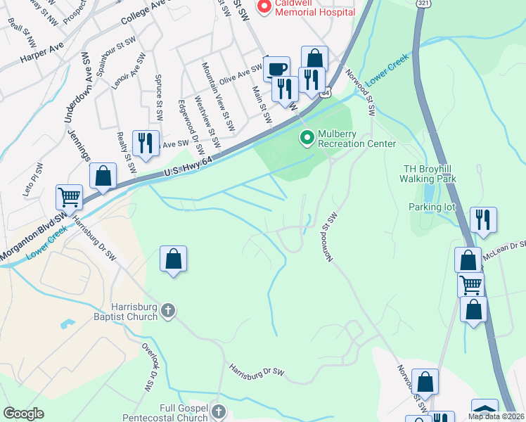 map of restaurants, bars, coffee shops, grocery stores, and more near 803 Foxwood Court Southwest in Lenoir