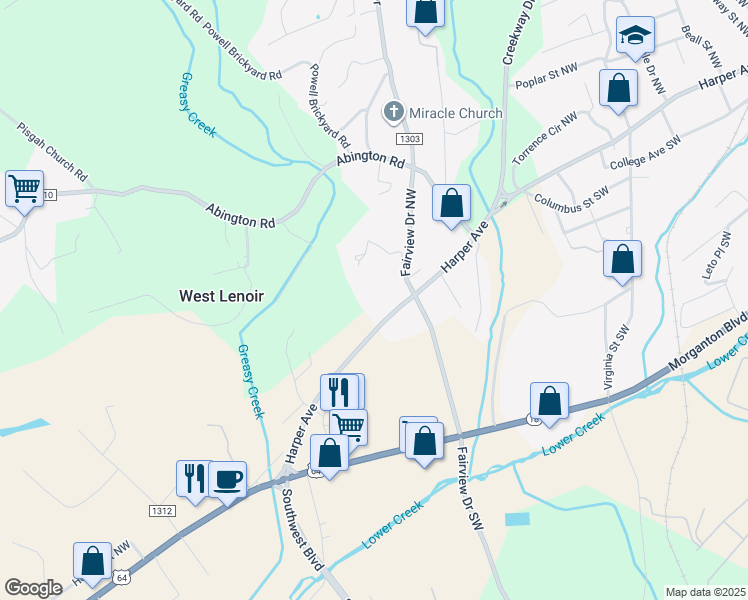 map of restaurants, bars, coffee shops, grocery stores, and more near 2030 Harper Avenue in Lenoir