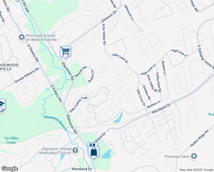 map of restaurants, bars, coffee shops, grocery stores, and more near 8500 Olde Colony Trail in Knoxville