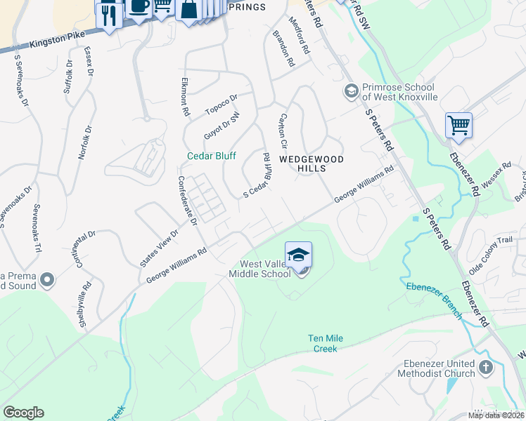 map of restaurants, bars, coffee shops, grocery stores, and more near 451 Bramblewood Lane in Knoxville