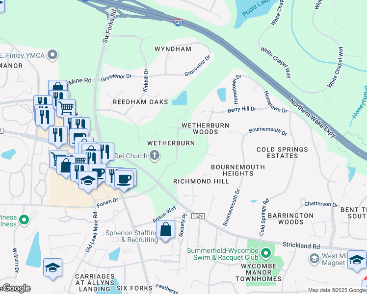 map of restaurants, bars, coffee shops, grocery stores, and more near 8628 King's Arms Way in Raleigh