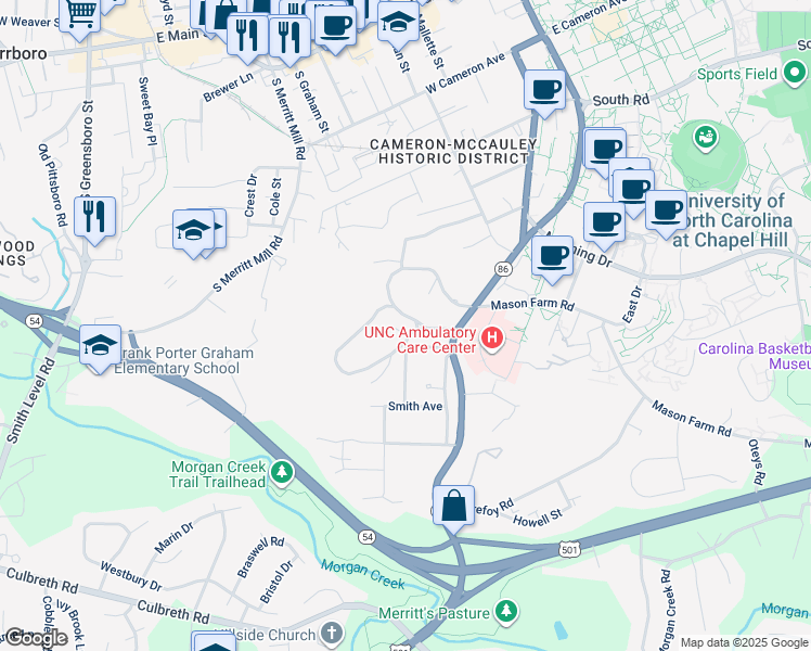 map of restaurants, bars, coffee shops, grocery stores, and more near 422 Westwood Drive in Chapel Hill