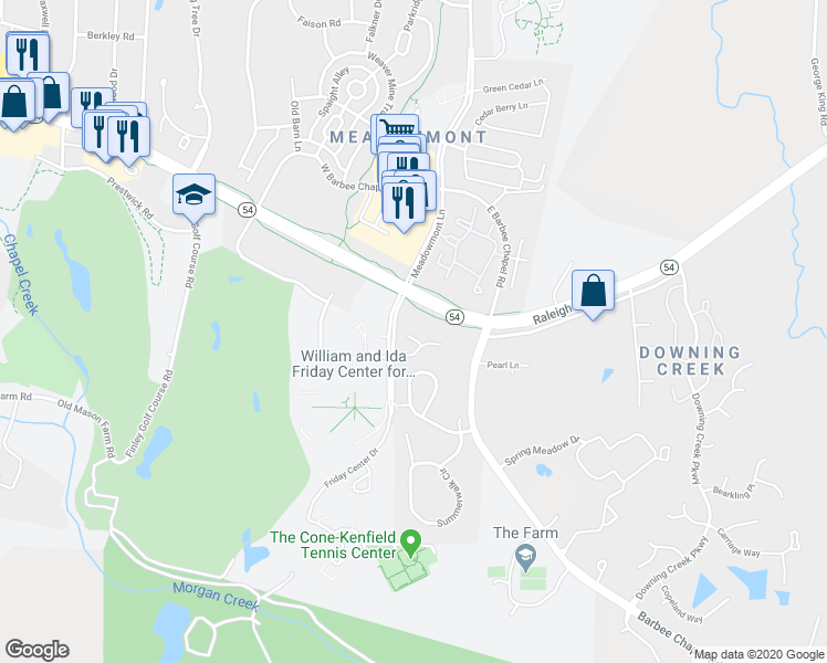 map of restaurants, bars, coffee shops, grocery stores, and more near 100 Marriott Way in Chapel Hill