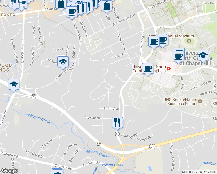 map of restaurants, bars, coffee shops, grocery stores, and more near 422 Westwood Drive in Chapel Hill