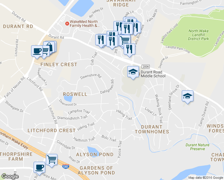 map of restaurants, bars, coffee shops, grocery stores, and more near 2708 Dahlgreen Road in Raleigh