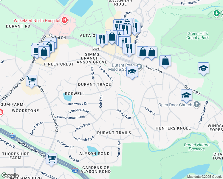 map of restaurants, bars, coffee shops, grocery stores, and more near 2708 Dahlgreen Road in Raleigh