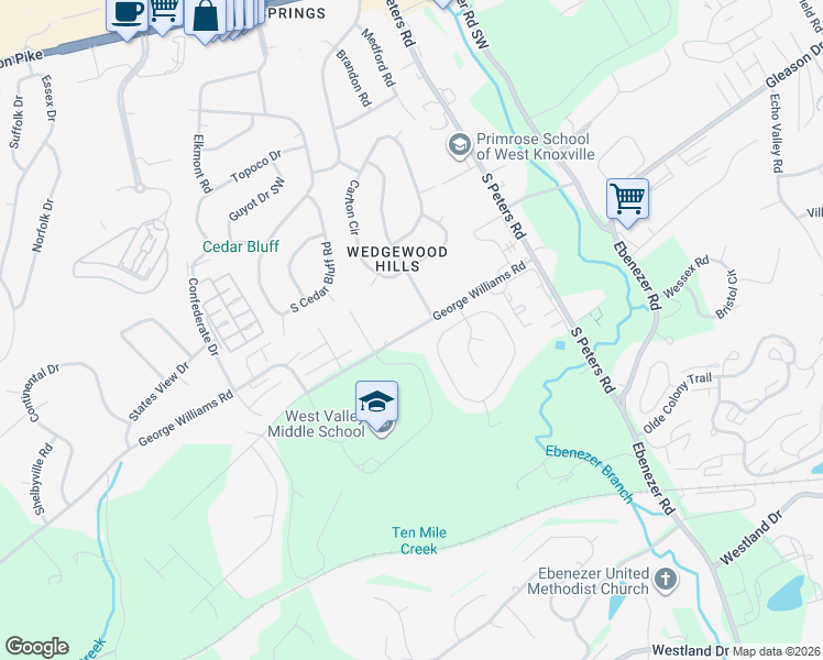 map of restaurants, bars, coffee shops, grocery stores, and more near 9115 George Williams Road in Knoxville