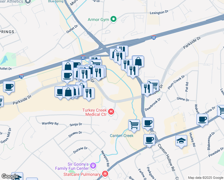 map of restaurants, bars, coffee shops, grocery stores, and more near 10865 Parkside Drive in Knoxville