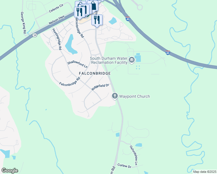 map of restaurants, bars, coffee shops, grocery stores, and more near 2105 Ridgefield Drive in Chapel Hill