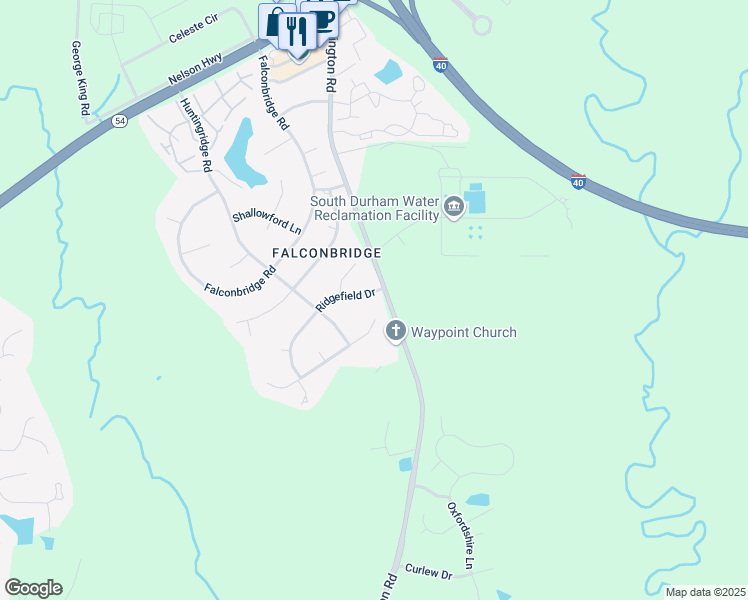 map of restaurants, bars, coffee shops, grocery stores, and more near 2105 Ridgefield Drive in Chapel Hill