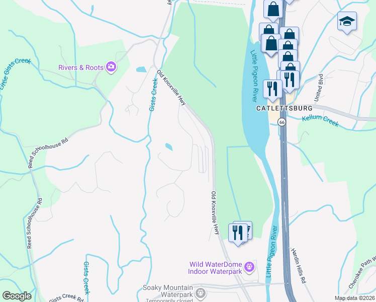 map of restaurants, bars, coffee shops, grocery stores, and more near Pheasant Ridge Road in Sevierville