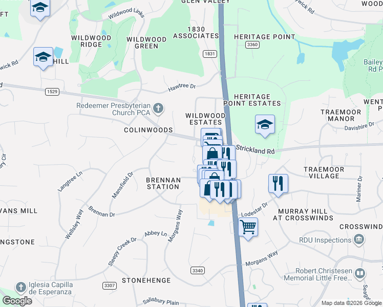 map of restaurants, bars, coffee shops, grocery stores, and more near 8300 Hempshire Place in Raleigh