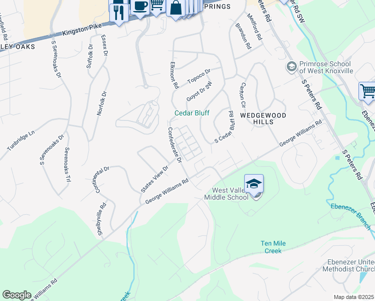 map of restaurants, bars, coffee shops, grocery stores, and more near 9225 Shady Bend Lane in Knoxville
