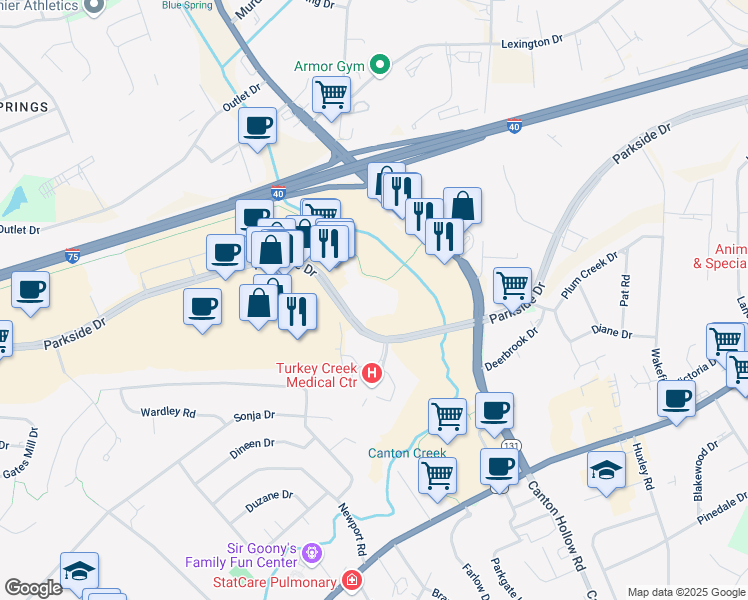 map of restaurants, bars, coffee shops, grocery stores, and more near 10865 Parkside Drive in Knoxville