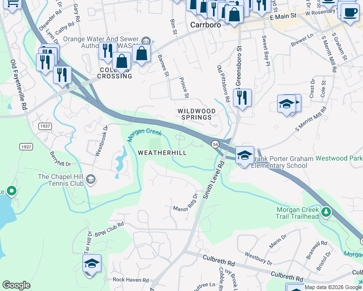 map of restaurants, bars, coffee shops, grocery stores, and more near 103 Friar Lane in Carrboro