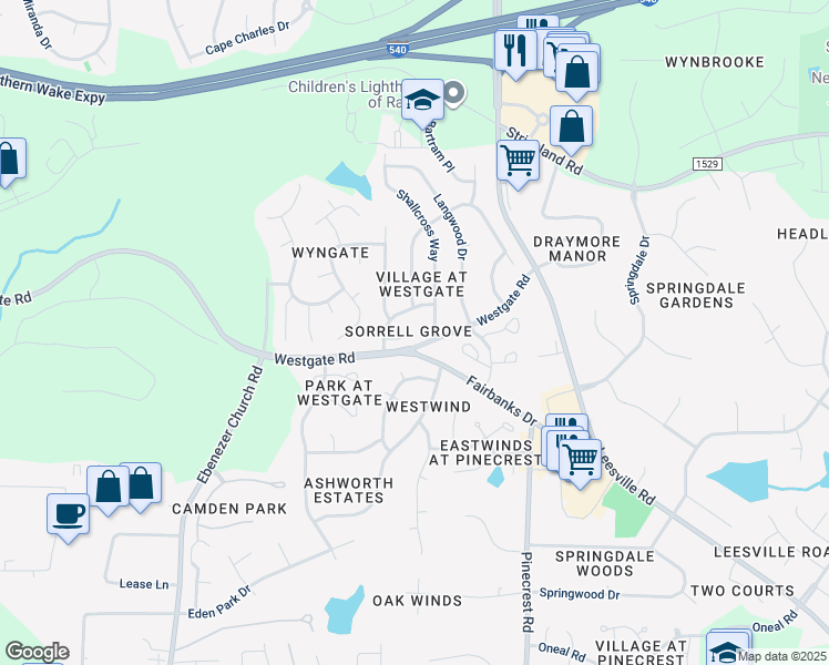 map of restaurants, bars, coffee shops, grocery stores, and more near 5500 Gateway Place in Raleigh