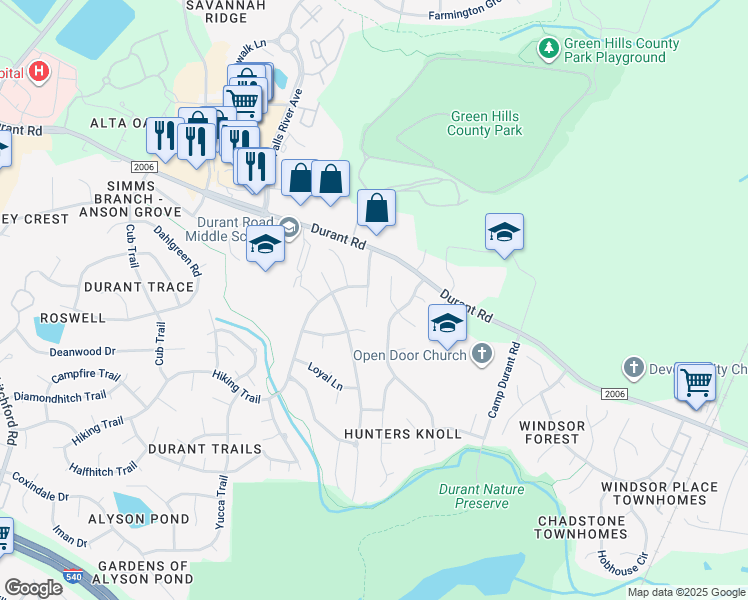 map of restaurants, bars, coffee shops, grocery stores, and more near 9008 Tenderfoot Trail in Raleigh