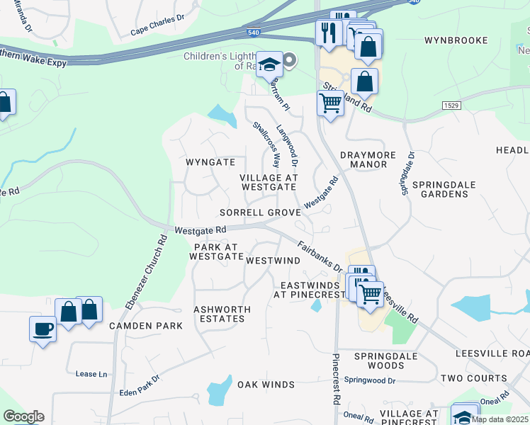 map of restaurants, bars, coffee shops, grocery stores, and more near 5500 Gateway Place in Raleigh