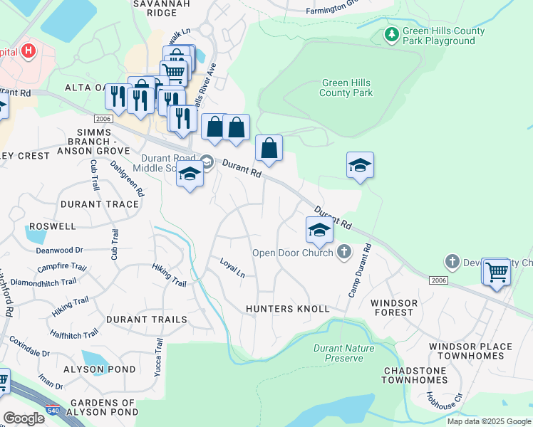 map of restaurants, bars, coffee shops, grocery stores, and more near 9008 Tenderfoot Trail in Raleigh