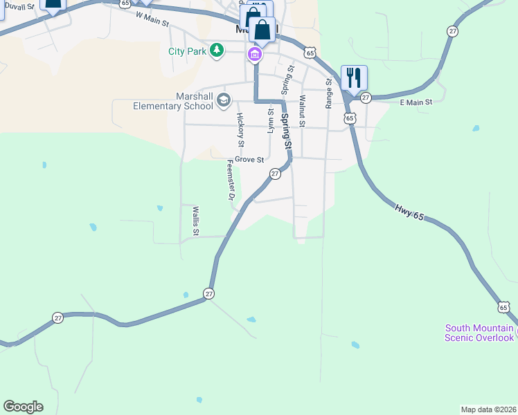 map of restaurants, bars, coffee shops, grocery stores, and more near 117 South Spring in Marshall