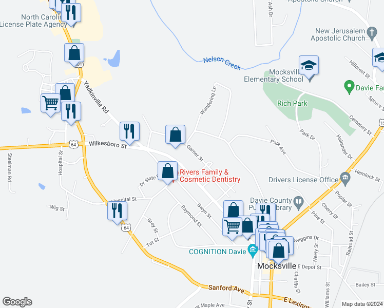 map of restaurants, bars, coffee shops, grocery stores, and more near 837 Garner Street in Mocksville