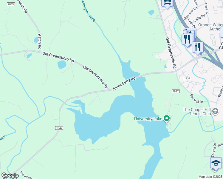 map of restaurants, bars, coffee shops, grocery stores, and more near 1242 Jones Ferry Road in Chapel Hill