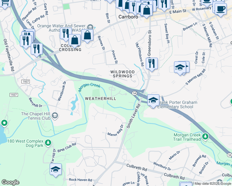 map of restaurants, bars, coffee shops, grocery stores, and more near 117 Friar Lane in Carrboro