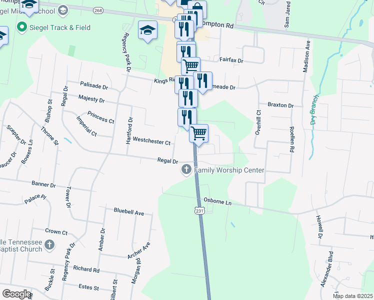 map of restaurants, bars, coffee shops, grocery stores, and more near 3010 Wessex Drive in Murfreesboro