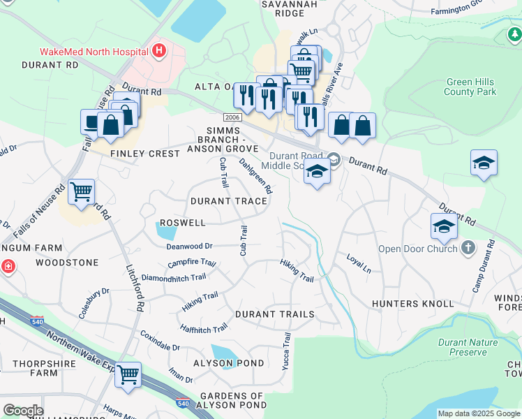 map of restaurants, bars, coffee shops, grocery stores, and more near 9100 Dawnshire Road in Raleigh