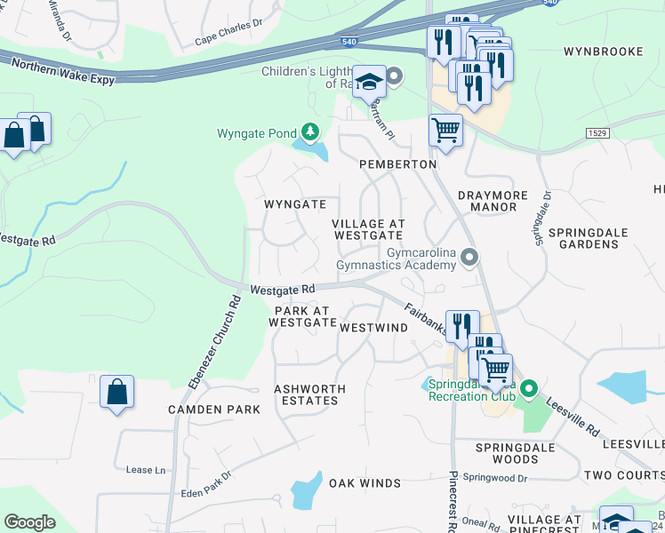 map of restaurants, bars, coffee shops, grocery stores, and more near 5612 Sorrell Crossing Drive in Raleigh