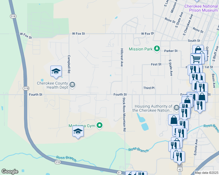 map of restaurants, bars, coffee shops, grocery stores, and more near 1112 Rozell Avenue in Tahlequah