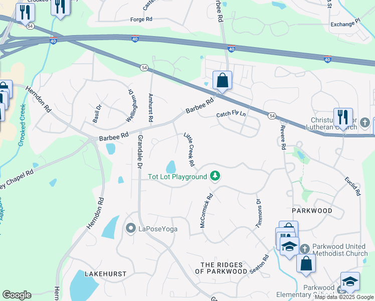 map of restaurants, bars, coffee shops, grocery stores, and more near 1226 Little Creek Road in Durham
