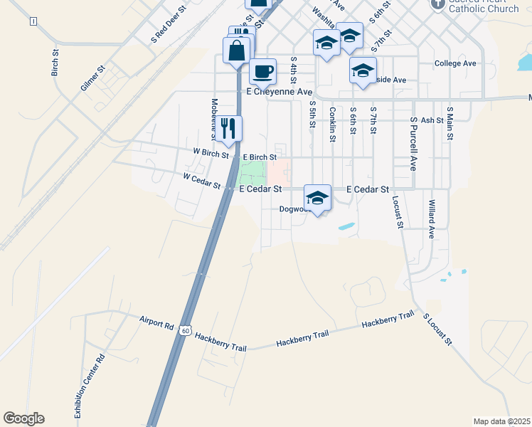 map of restaurants, bars, coffee shops, grocery stores, and more near 1200 South 3rd Street in Canadian