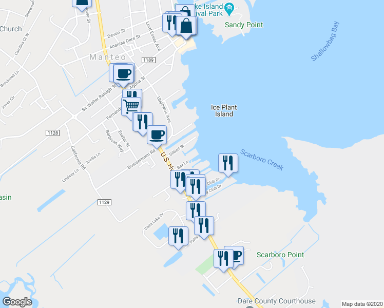 map of restaurants, bars, coffee shops, grocery stores, and more near 115 North Bay Club Drive in Manteo