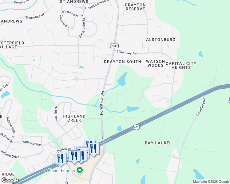 map of restaurants, bars, coffee shops, grocery stores, and more near 2629 Forestville Road in Wake Forest